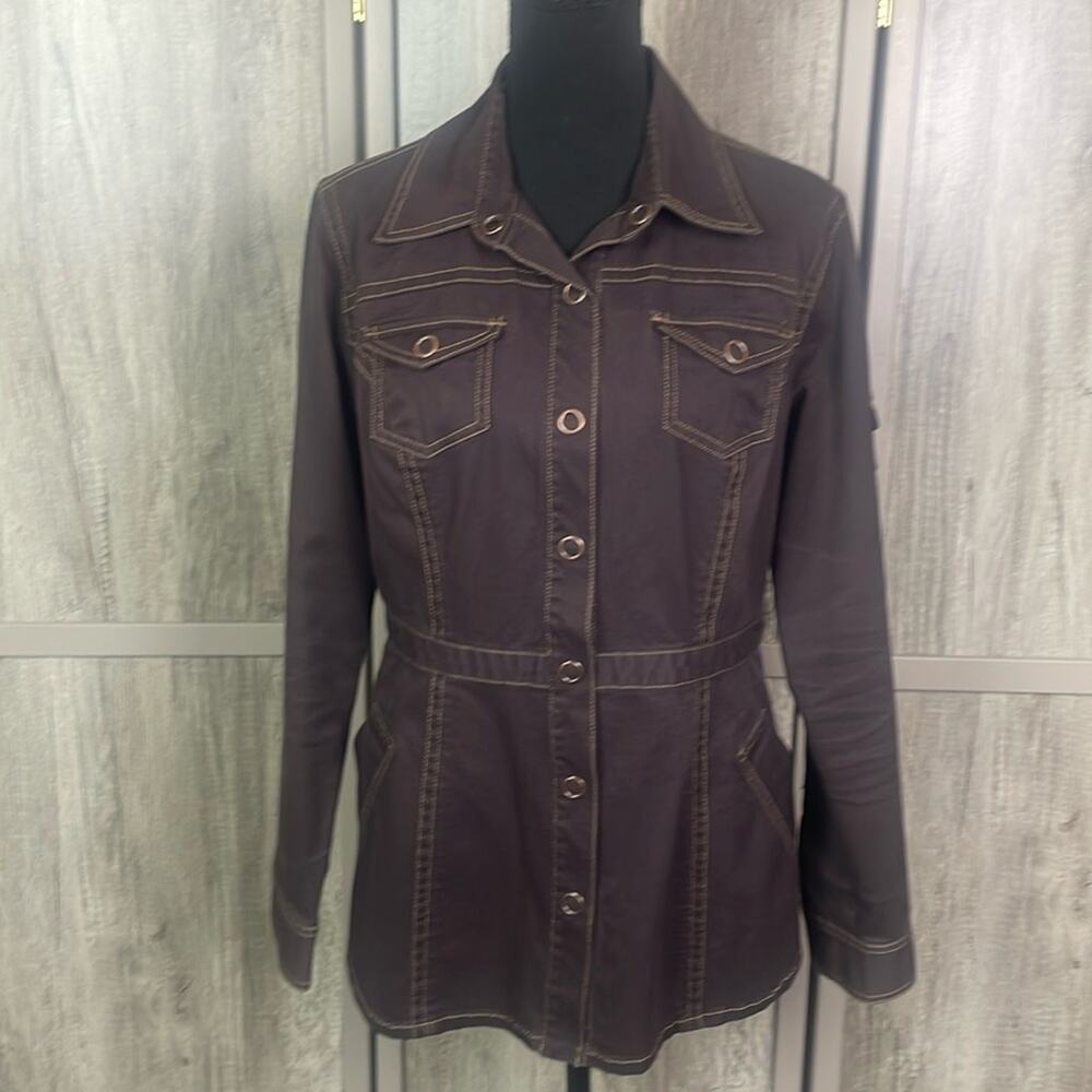 CAbi Retro 70's Safari Snap Button Long Denim Jacket Women's L